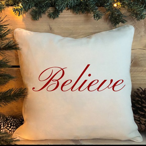 Christmas Throw Pillow Cover, Believe, Red 16x16, Zipper closure - Picture 2 of 3